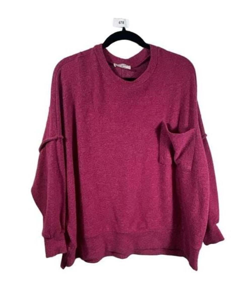 Zenana Brushed Melange Drop Shoulder Oversized Pocket Sweater Magenta Medium